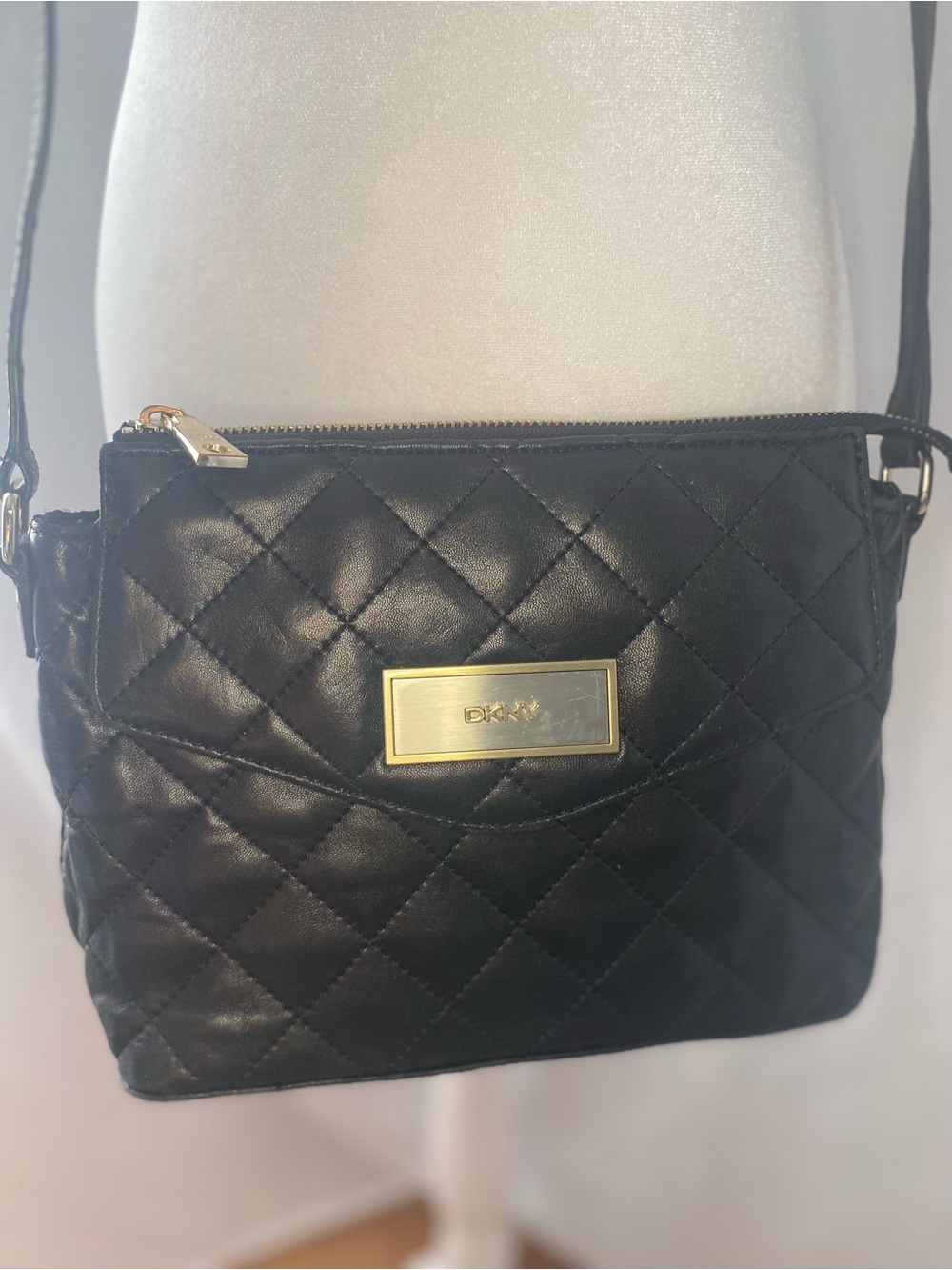 Dkny Black Quilted Leather Crossbody with Gold Plaque